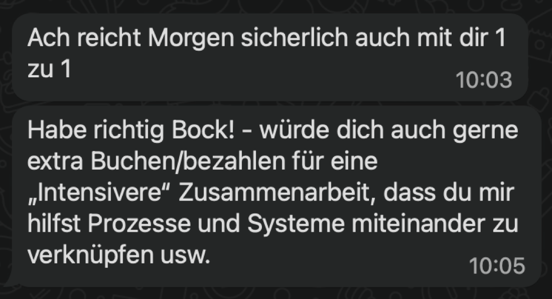 WhatsApp-Nachricht: Kunde möchte intensivere Zusammenarbeit buchen