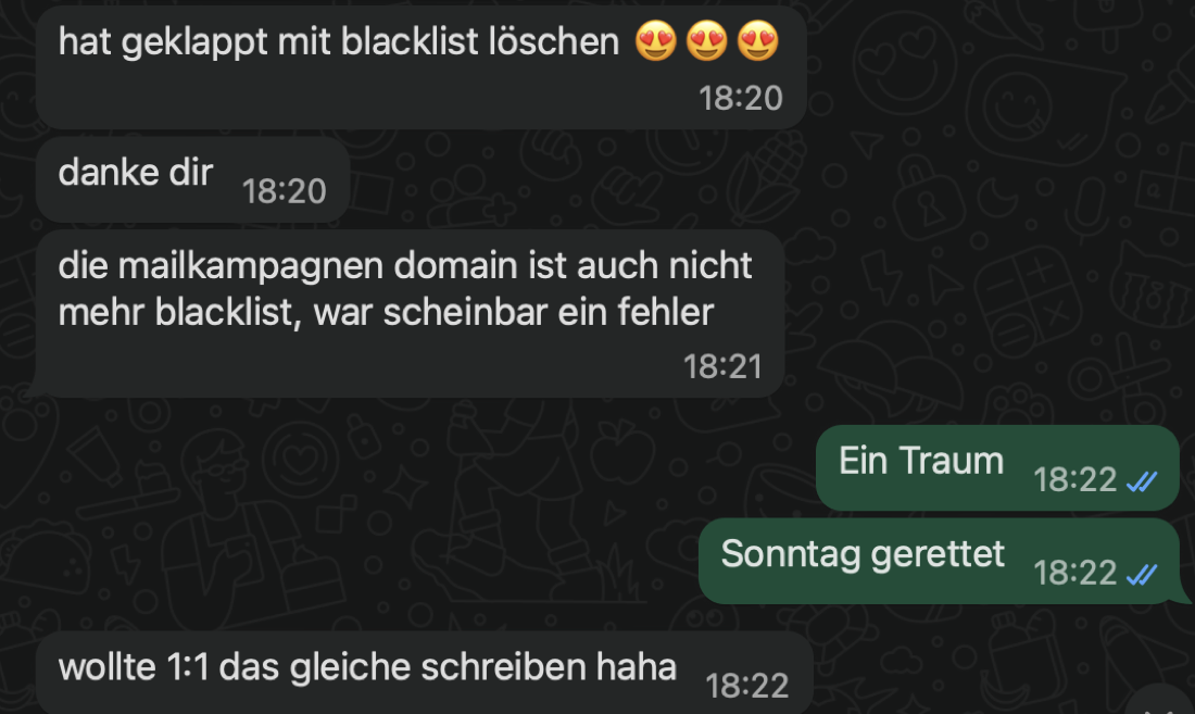 WhatsApp-Nachricht: Blacklist-Problem der Mail-Domain am Sonntag gelöst – Sonntag gerettet