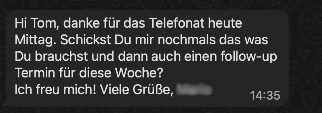 WhatsApp-Feedback nach Telefonat mit Follow-up-Termin