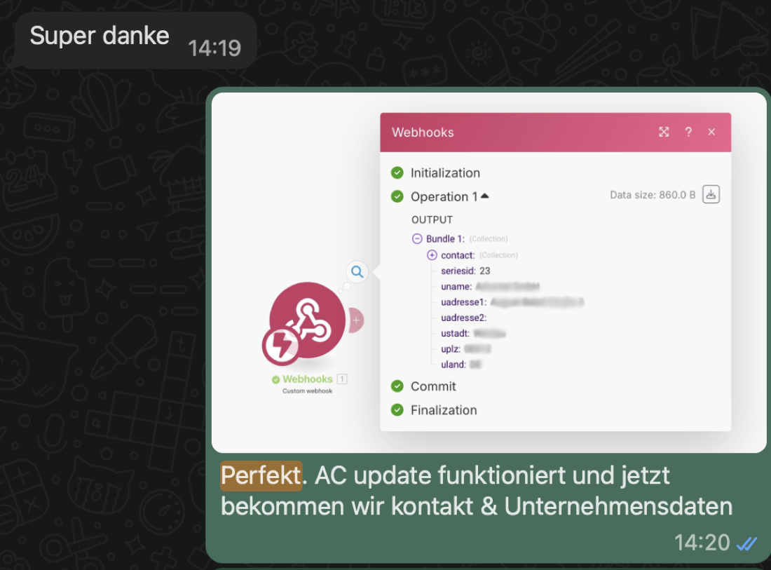 WhatsApp: Make-Webhook-Integration erfolgreich, Kontakt- und Unternehmensdaten fließen