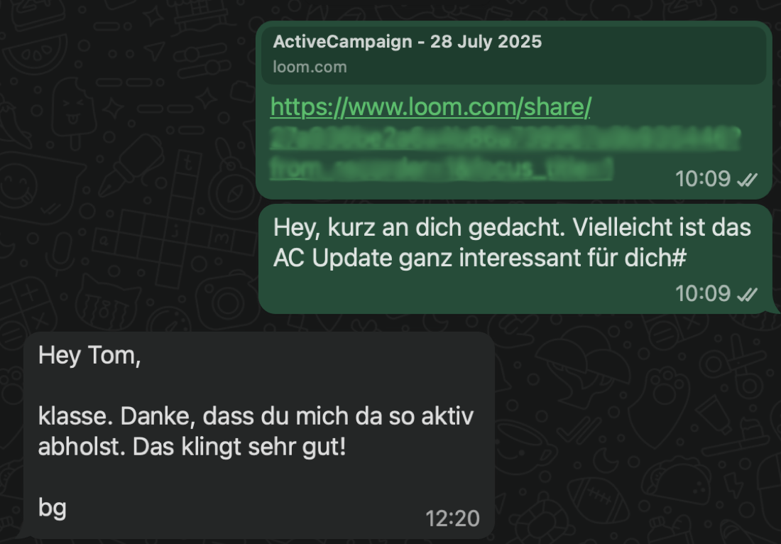 WhatsApp: proaktiver Hinweis auf ein ActiveCampaign-Update mit Loom-Video